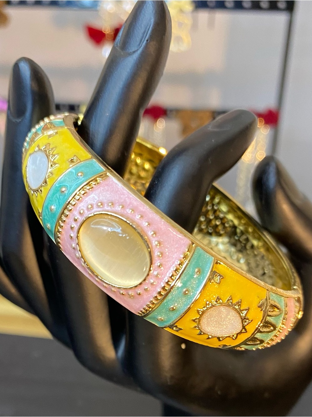 Vintage Boho Cat's Eye Floral Hinged Bangle Cuff Bracelet Cottagecore Coquette